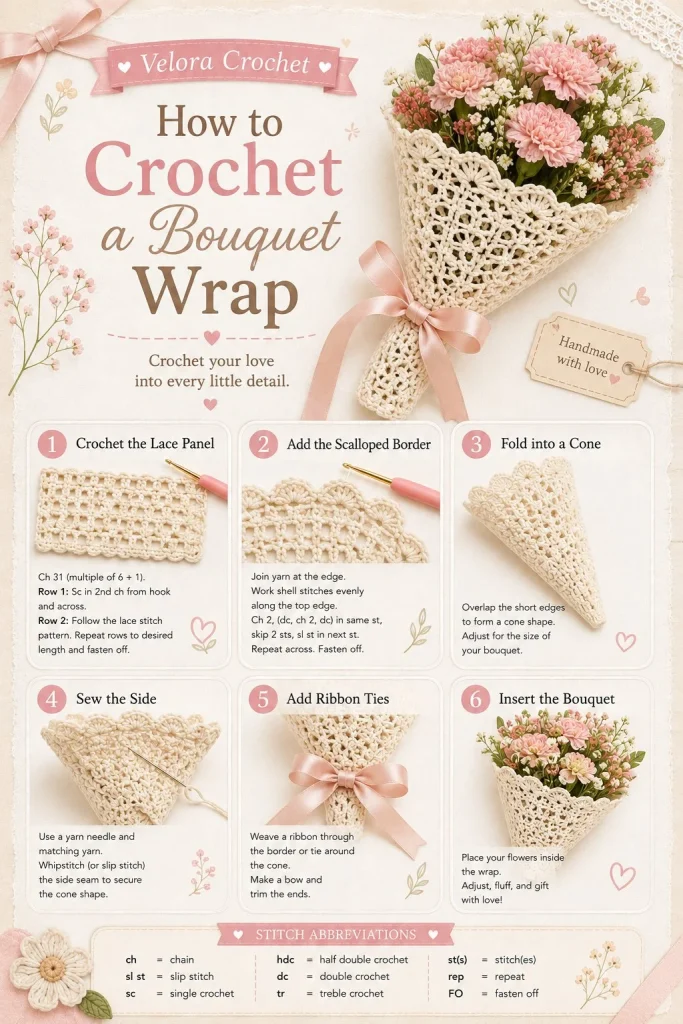 Easy crochet bouquet wrap for artificial and crochet flowers pattern