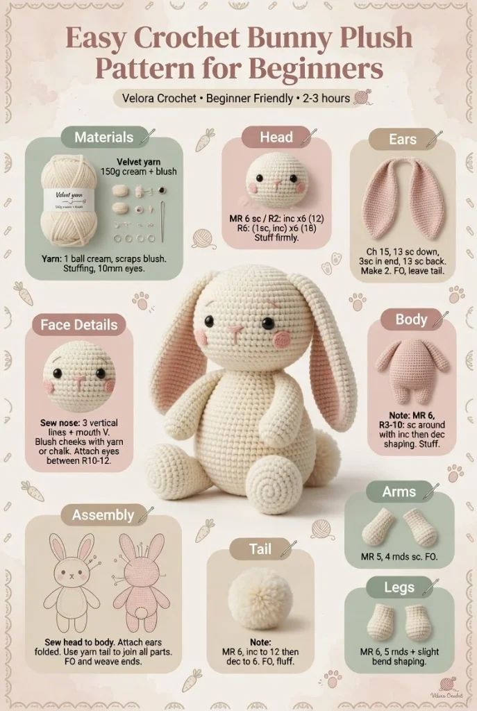 Easy crochet bunny plush pattern for beginners, featuring detailed instructions.