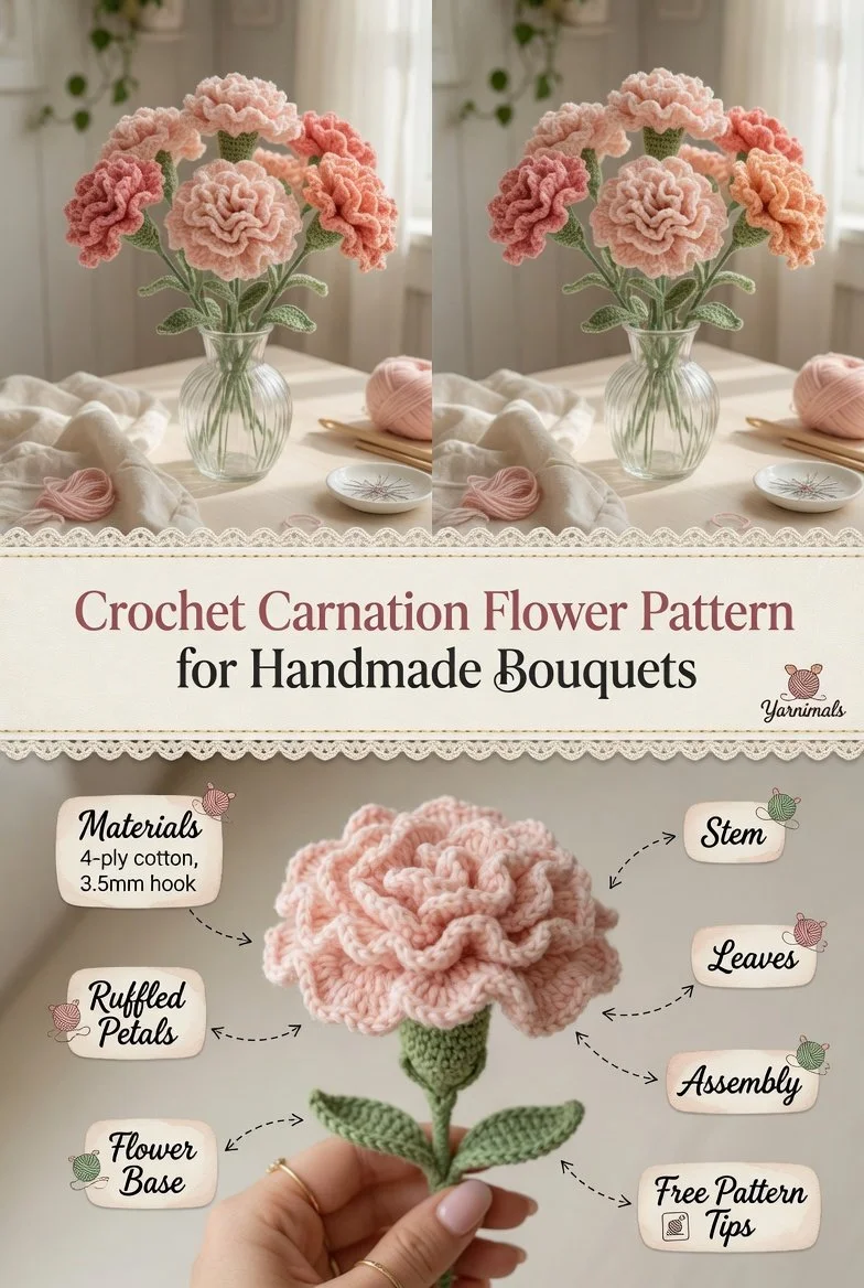 Easy crochet carnation flower pattern for beautiful handmade bouquets