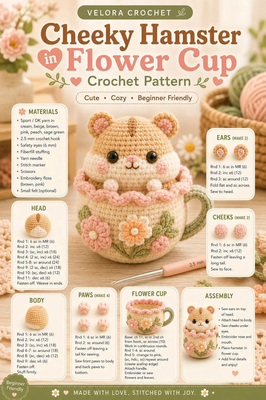 Easy crochet pattern for a cheeky hamster in a flower cup.