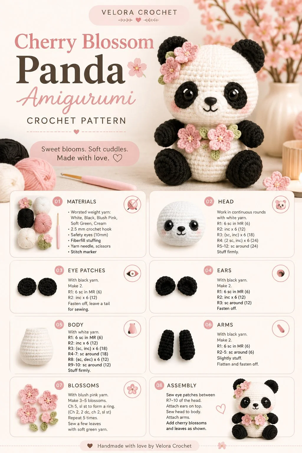 Easy crochet pattern for cherry blossom panda amigurumi for beginners