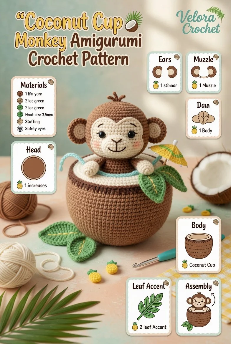 Easy crochet monkey amigurumi pattern featuring a coconut cup design for beginners.