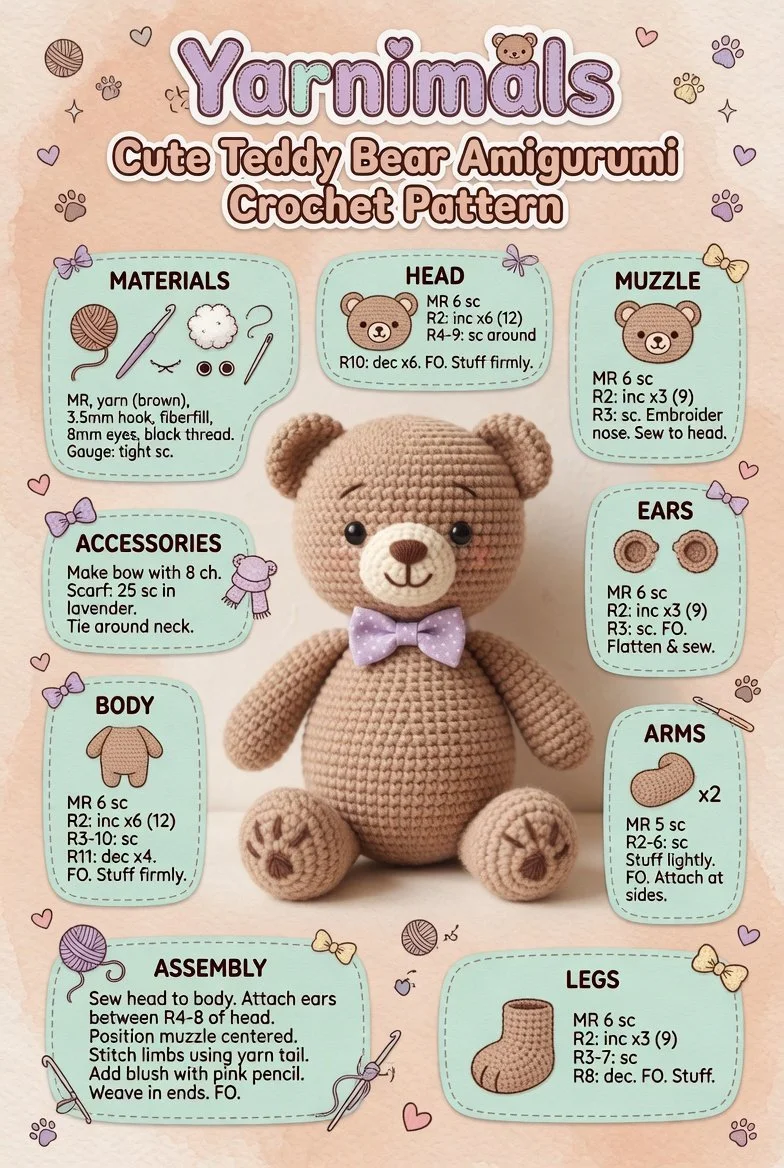 Easy crochet teddy bear amigurumi pattern for a soft plush toy tutorial