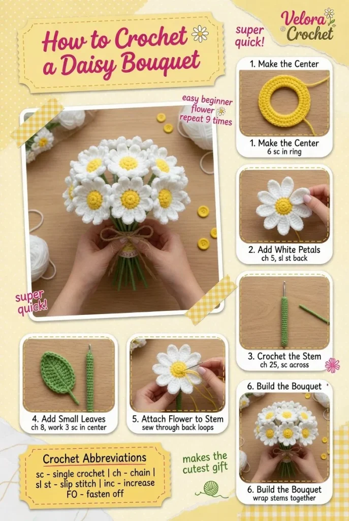 Easy crochet daisy flower bouquet pattern for beginners, colorful handmade flowers.