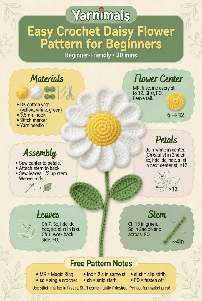 Easy crochet daisy flower pattern for beginners with colorful yarn