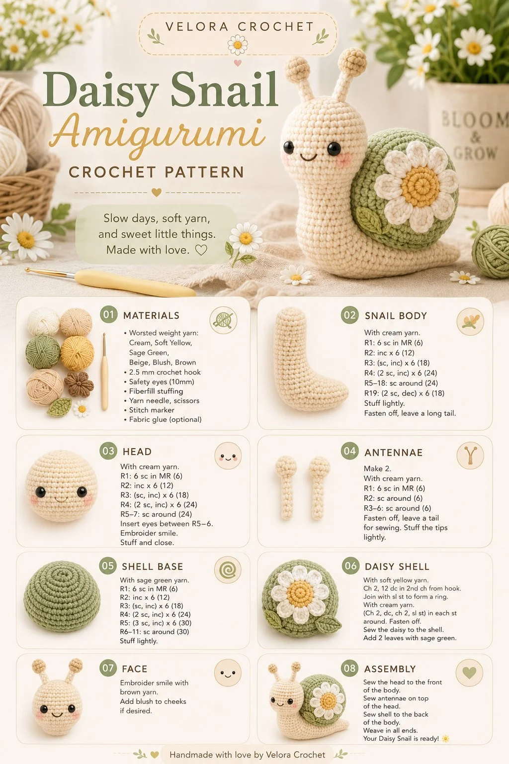 Easy crochet daisy snail amigurumi pattern for beginners