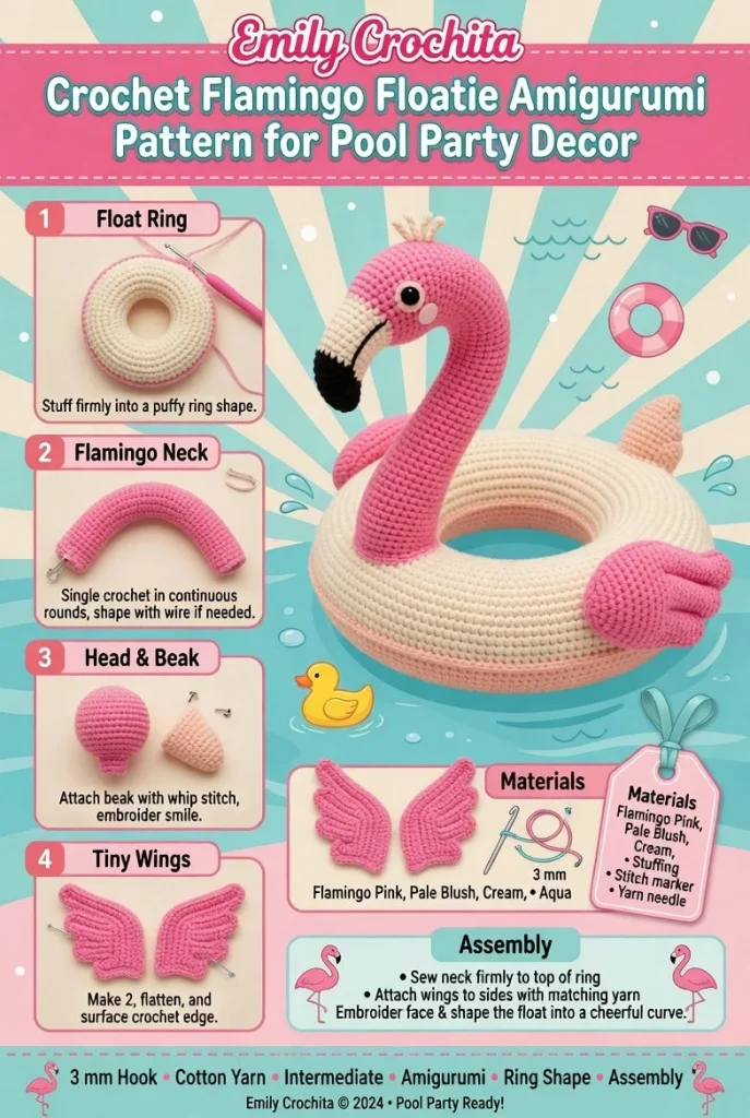Crochet flamingo floatie amigurumi pattern for summer pool party decor.