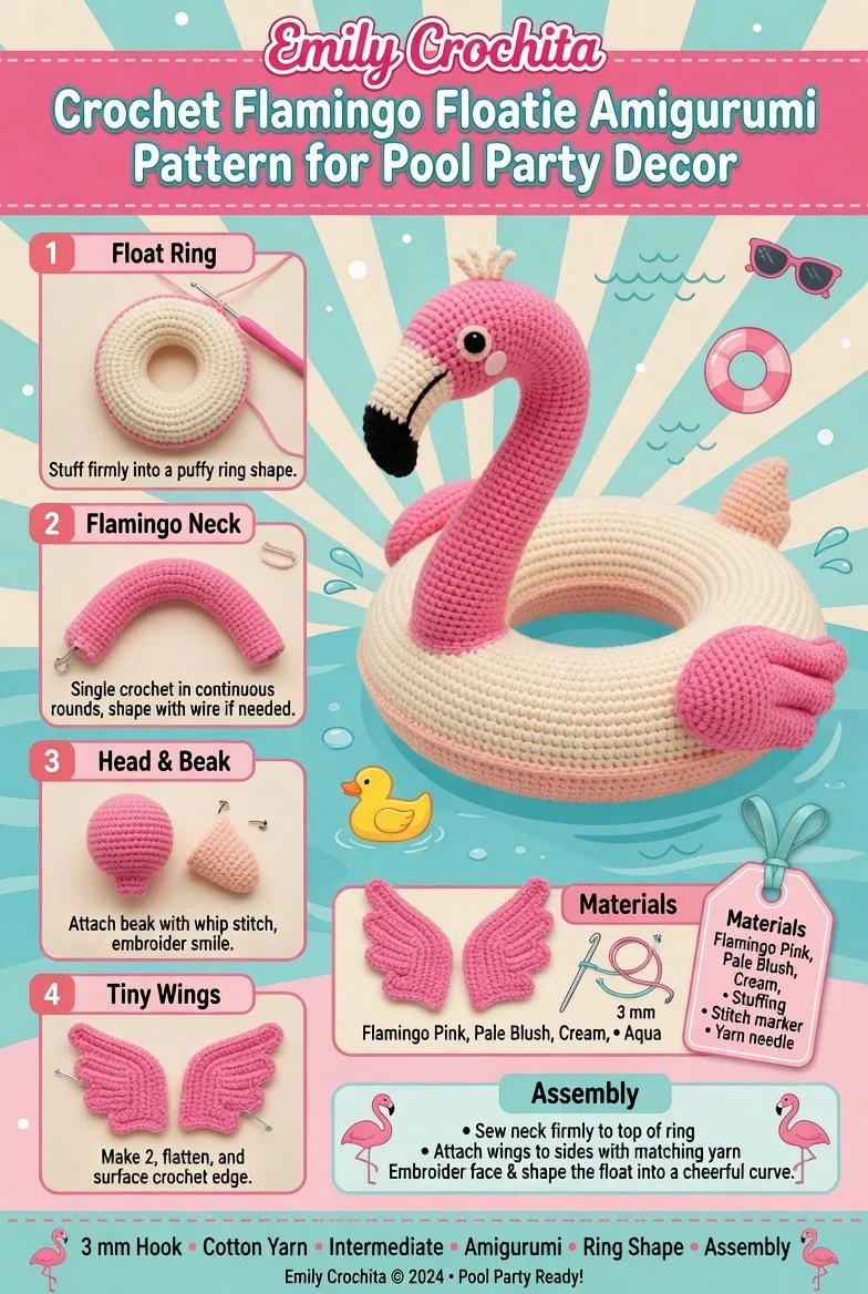 Crochet flamingo floatie amigurumi pattern for summer pool party decor.