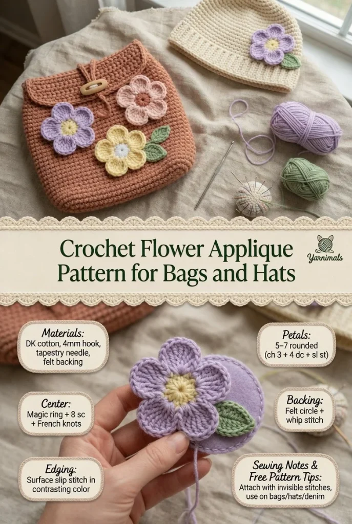 Easy crochet flower applique pattern for adding to bags and hats