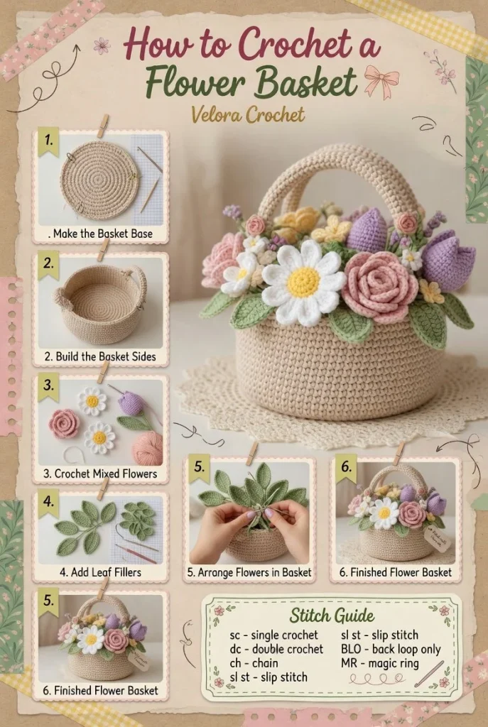 Easy crochet flower basket pattern with summer blooms for beginners