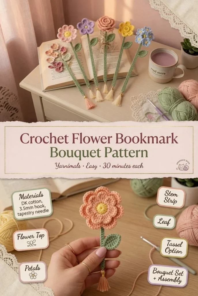 Easy crochet flower bookmark bouquet pattern for beginners