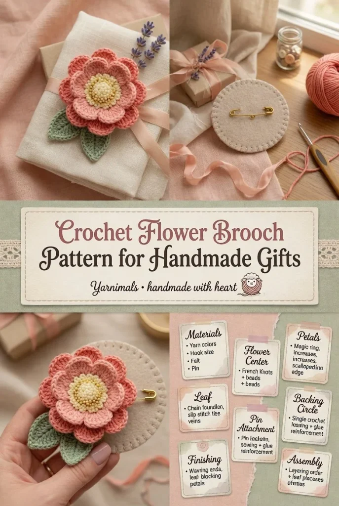 Handmade crochet flower brooch pattern for gifts