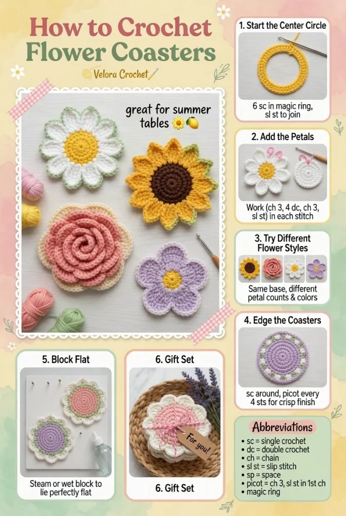 Easy crochet flower coaster set with daisy details in vibrant colors.