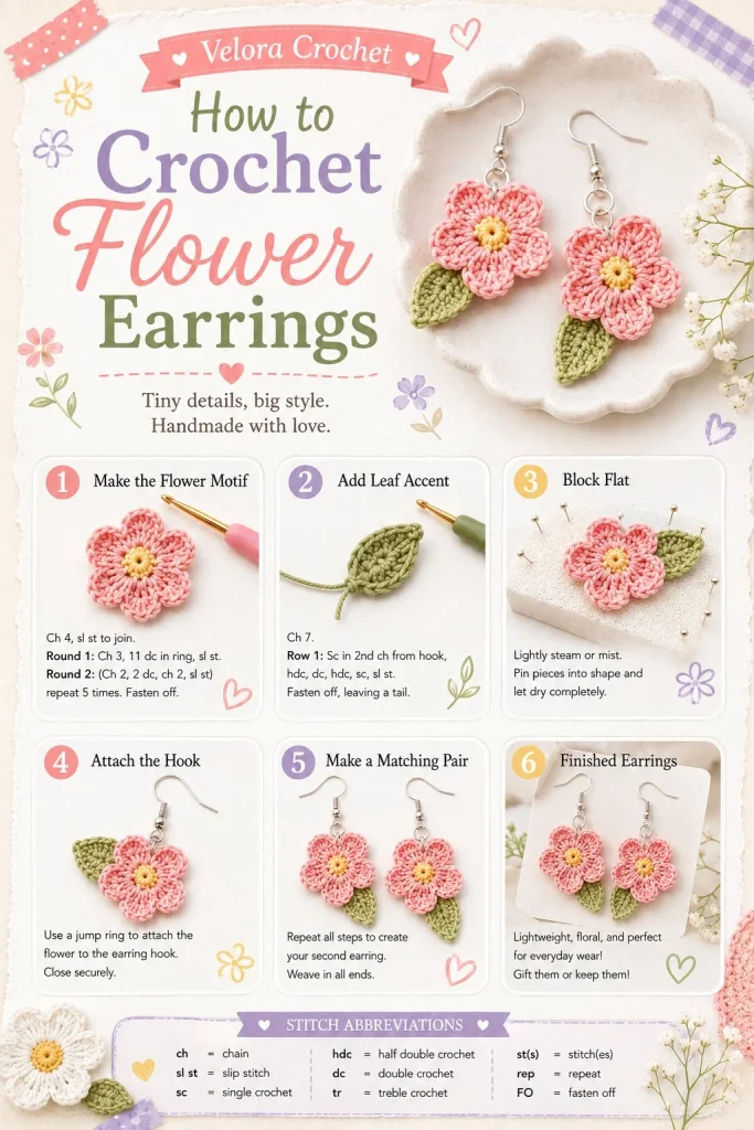 Easy crochet flower earrings pattern perfect for summer style
