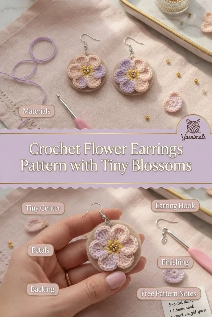 Easy crochet flower earrings pattern with colorful tiny blossoms