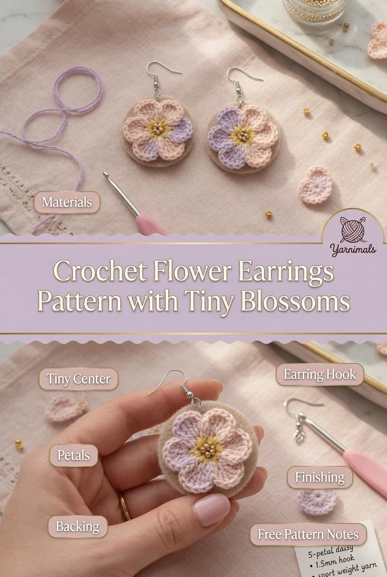 Easy crochet flower earrings pattern with colorful tiny blossoms