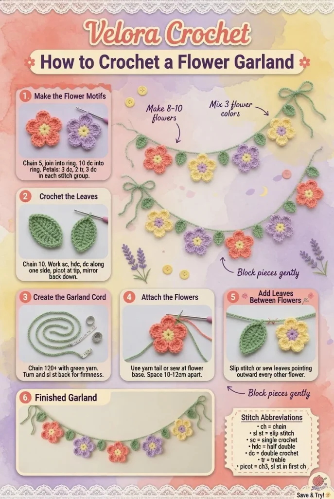 Easy crochet flower garland pattern with vibrant summer garden colors