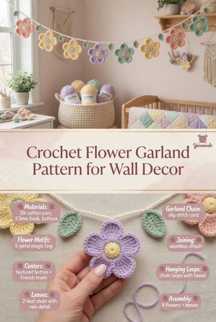 Easy crochet flower garland for beautiful wall decor