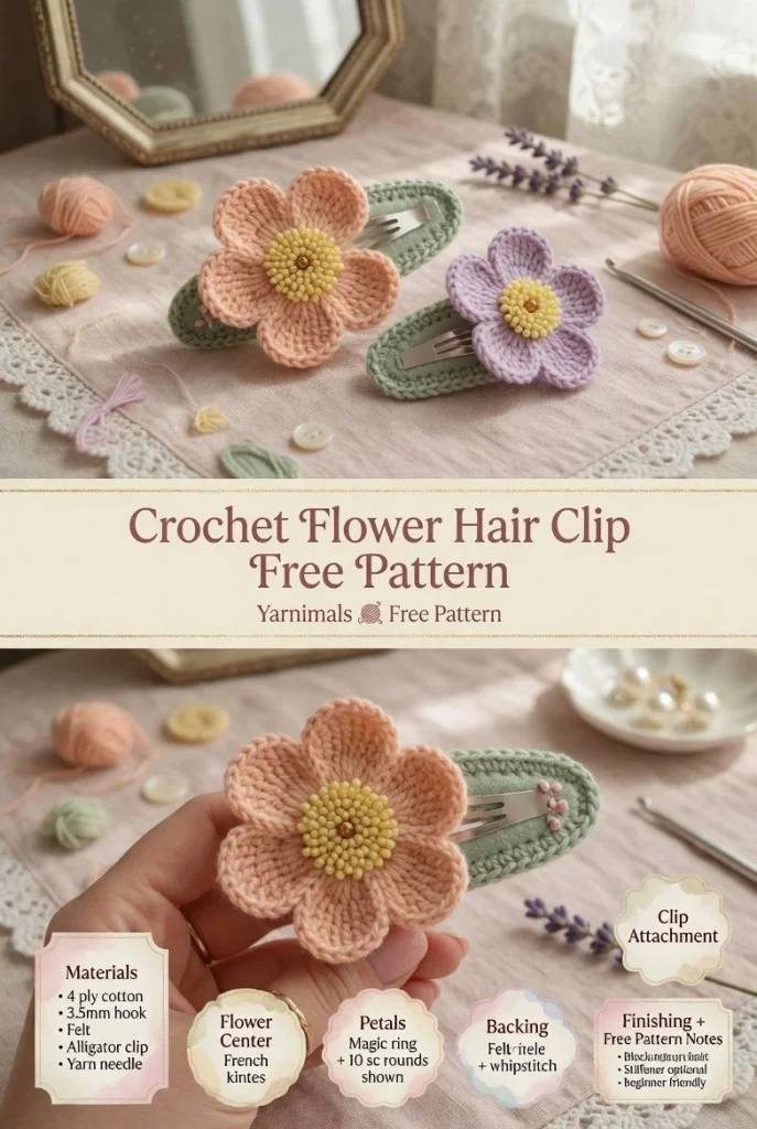 Colorful crochet flower hair clip designed for beginners with free pattern.