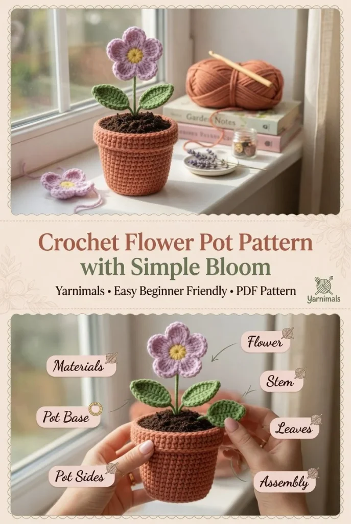 Crochet flower pot pattern showing colorful bloom for beginners