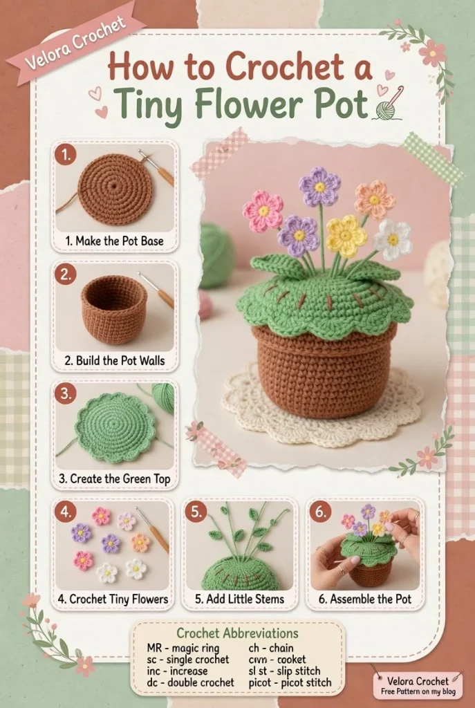 Crochet flower pot with colorful blooms designed for beginners