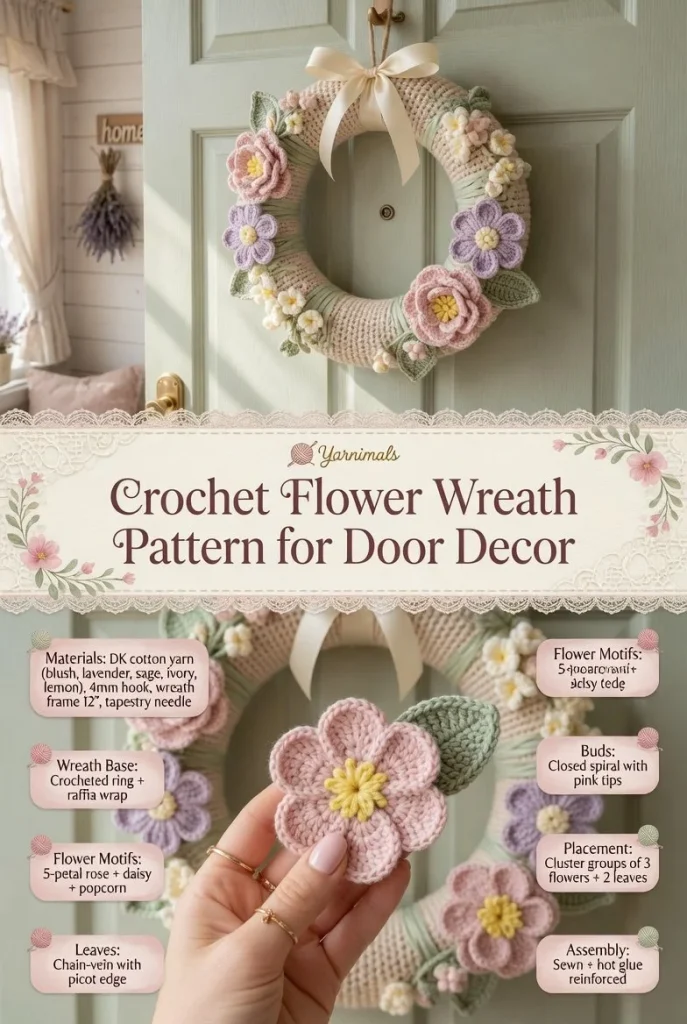 Colorful crochet flower wreath pattern for beautiful door decor.