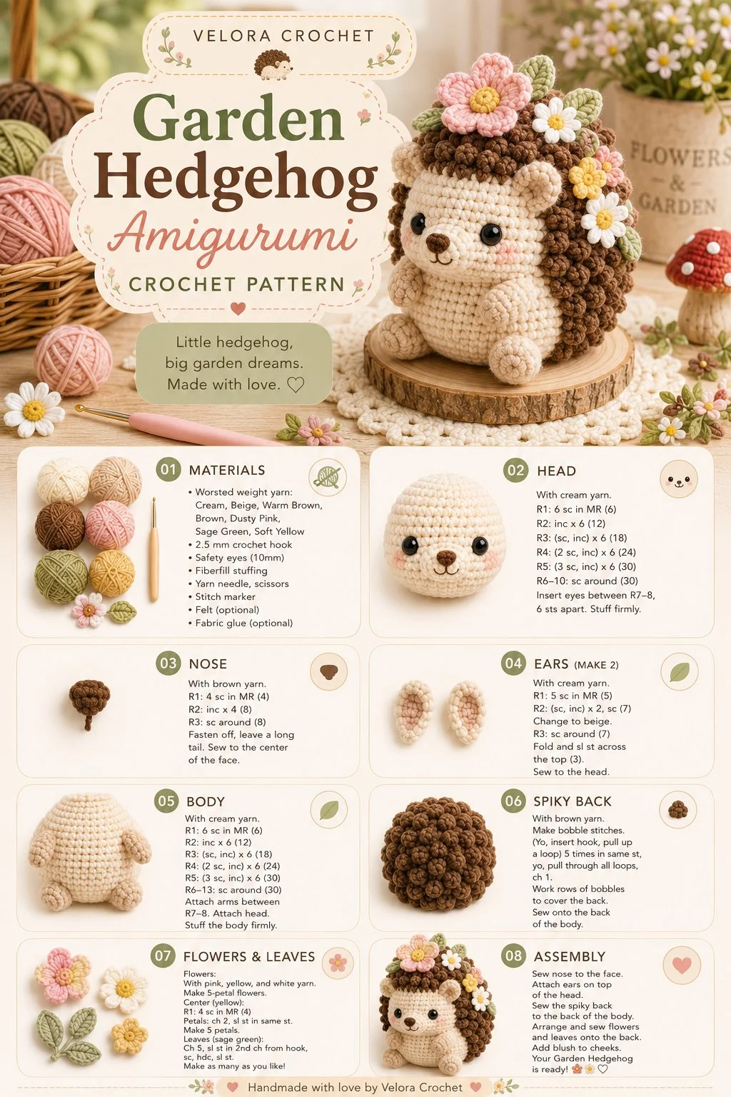 Easy crochet pattern for a garden hedgehog amigurumi for beginners