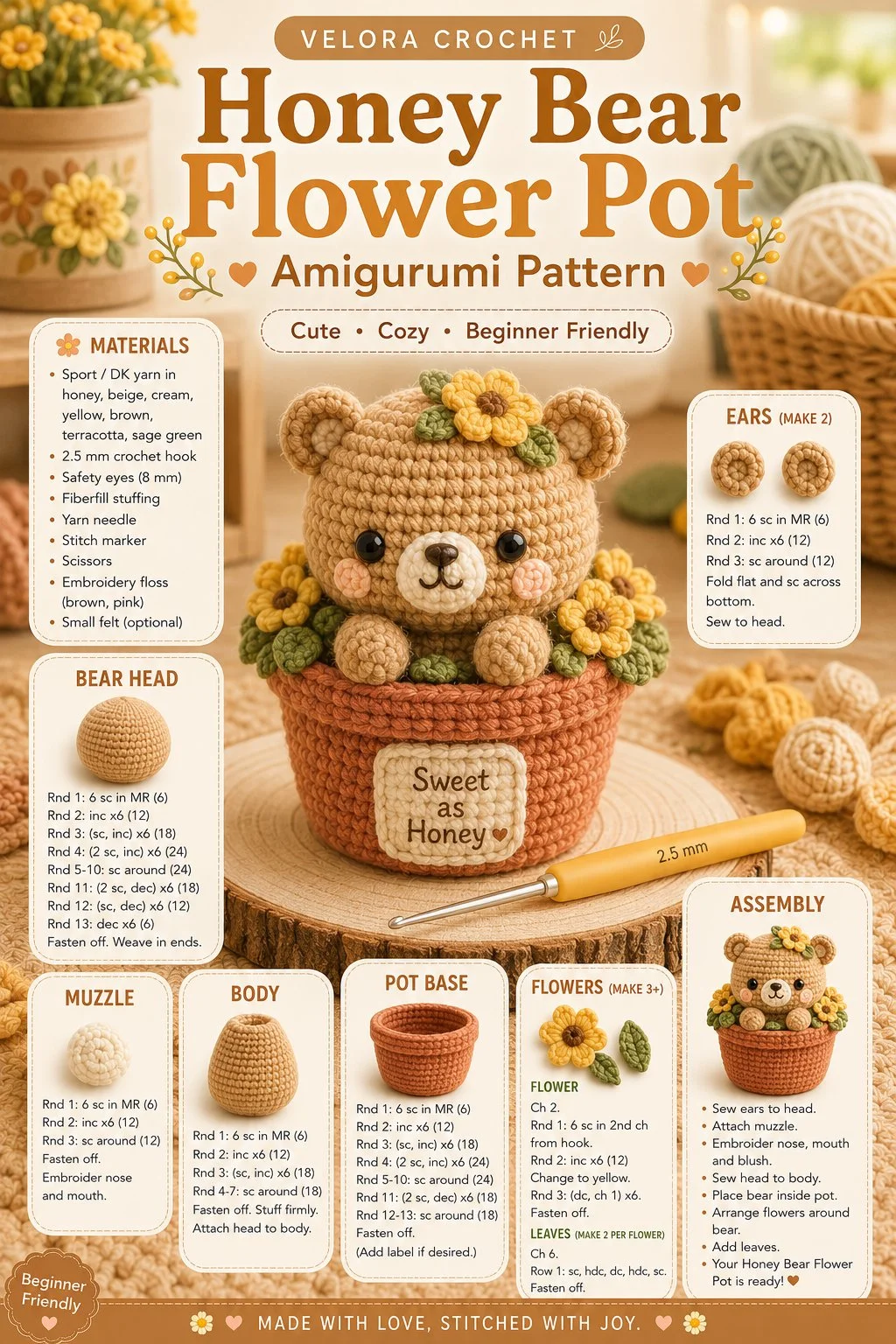 Easy crochet honey bear flower pot amigurumi pattern for beginners