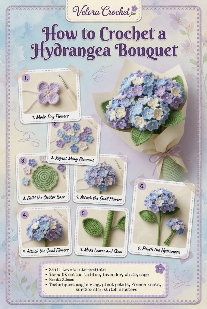 Crochet hydrangea bouquet with clustered flower heads pattern
