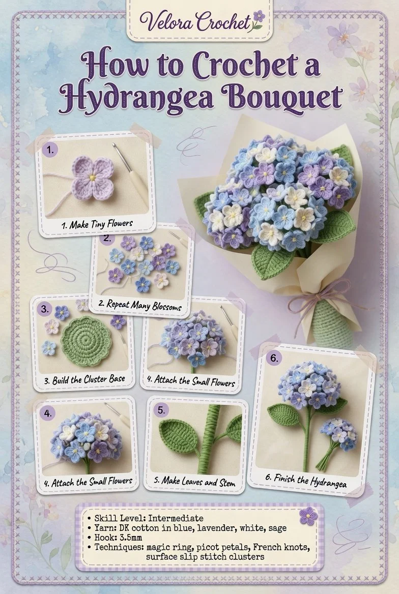 Crochet hydrangea bouquet with clustered flower heads pattern