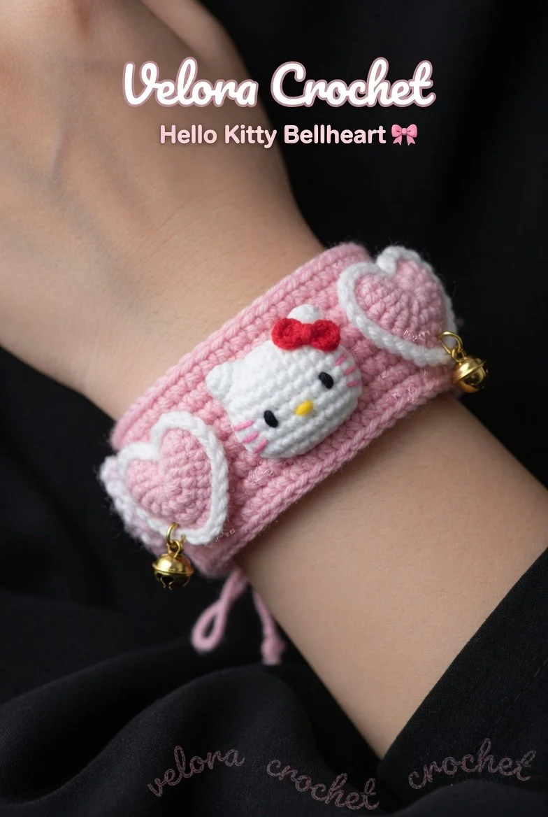 Easy crochet bracelet pattern with kawaii cat charm, hearts, and bells.