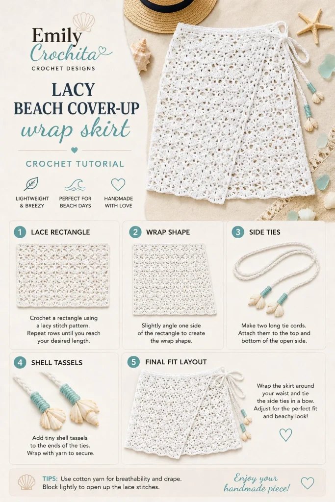 Easy crochet lacy beach cover-up skirt pattern with adjustable ties