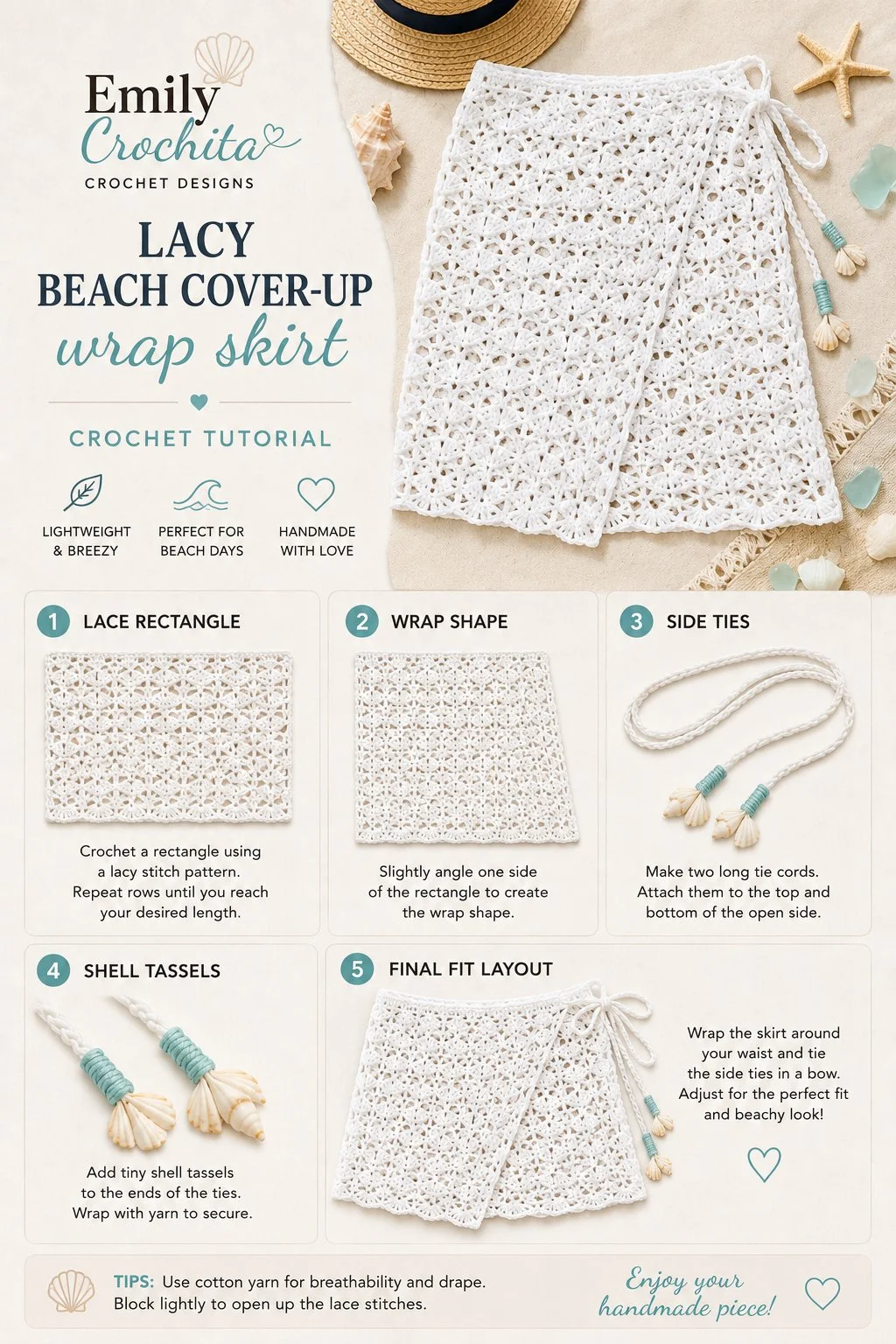 Easy crochet lacy beach cover-up skirt pattern with adjustable ties