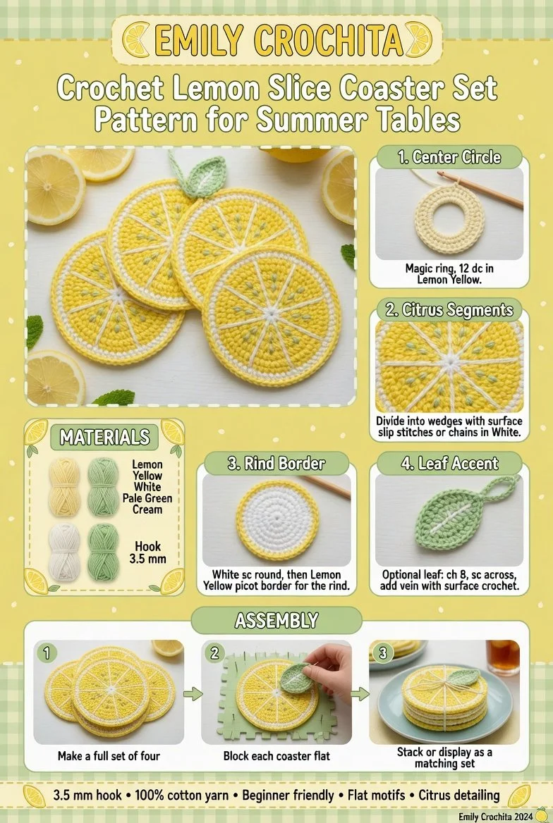 Crochet lemon slice coasters for summer tables