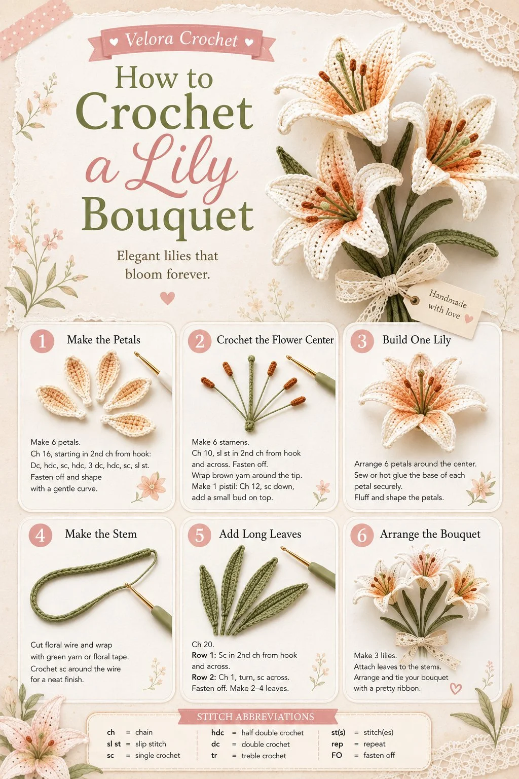 Beautiful crochet lily flower bouquet pattern for handmade gifts