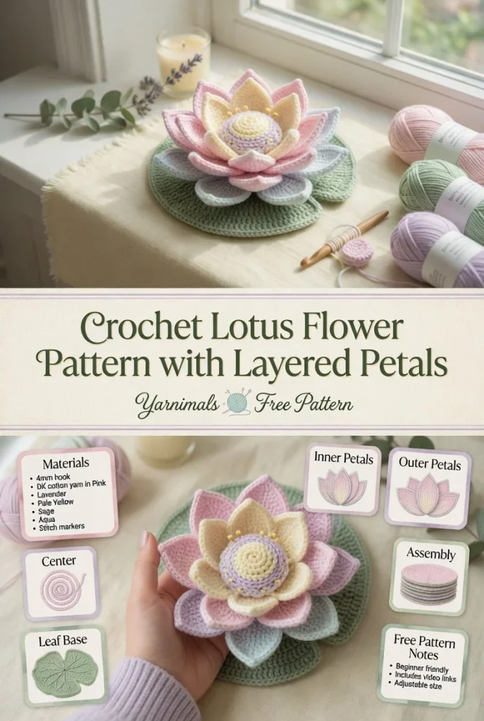 Crochet lotus flower pattern with layered petals in colorful yarn.