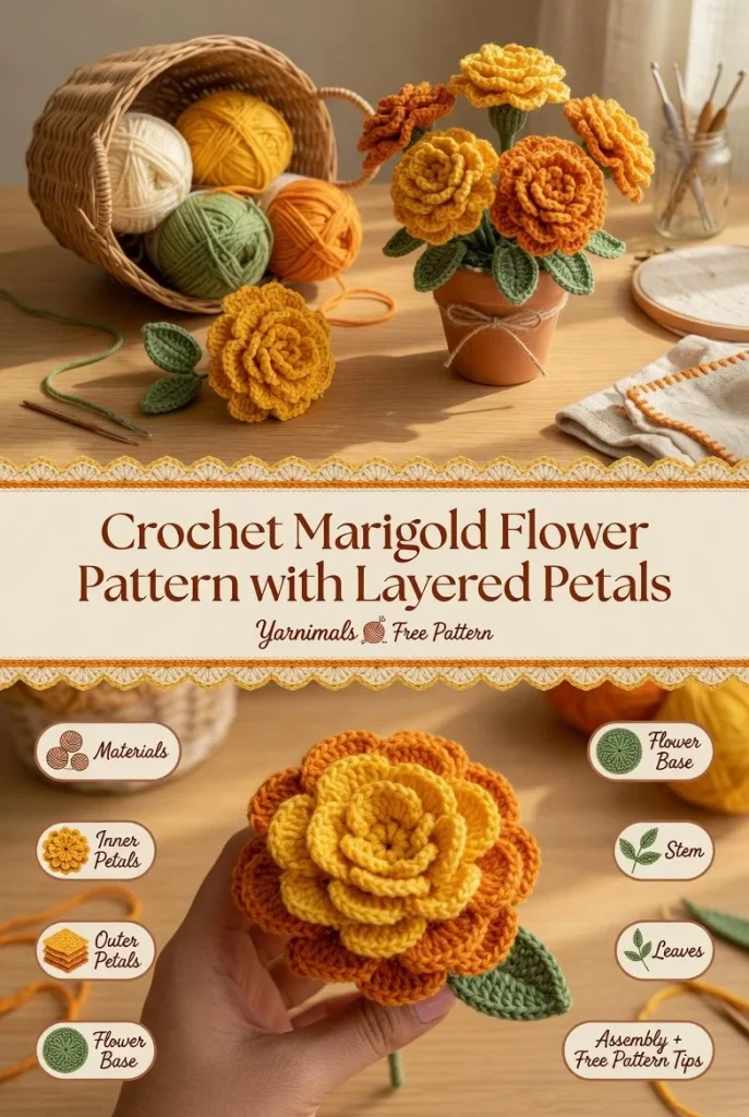 Easy crochet marigold flower pattern with layered petals for beginners