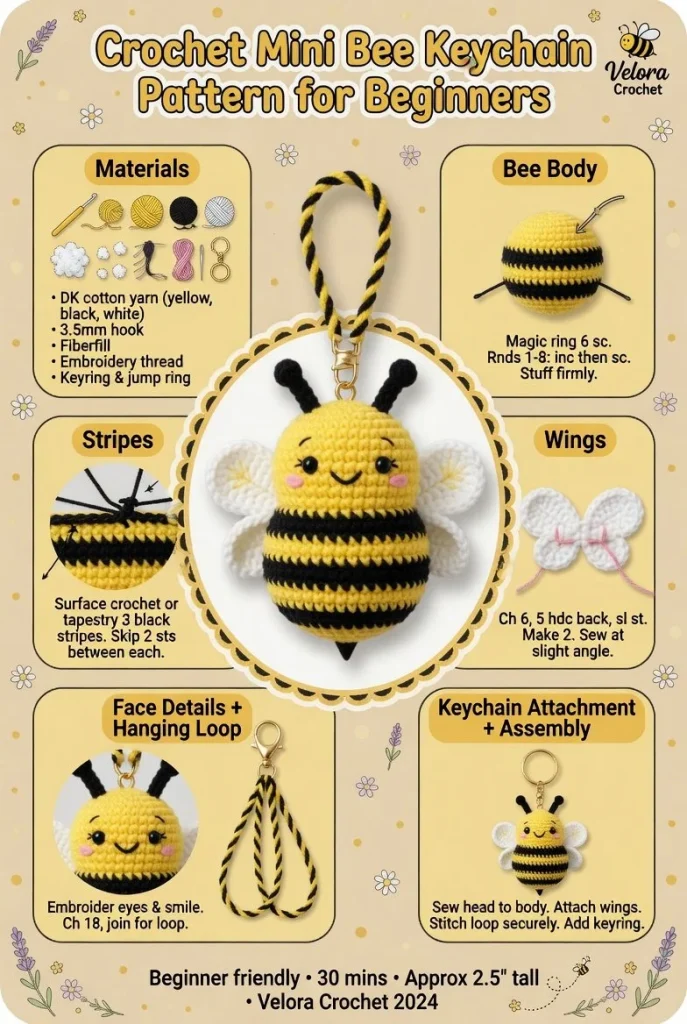 Easy crochet mini bee keychain pattern for beginners