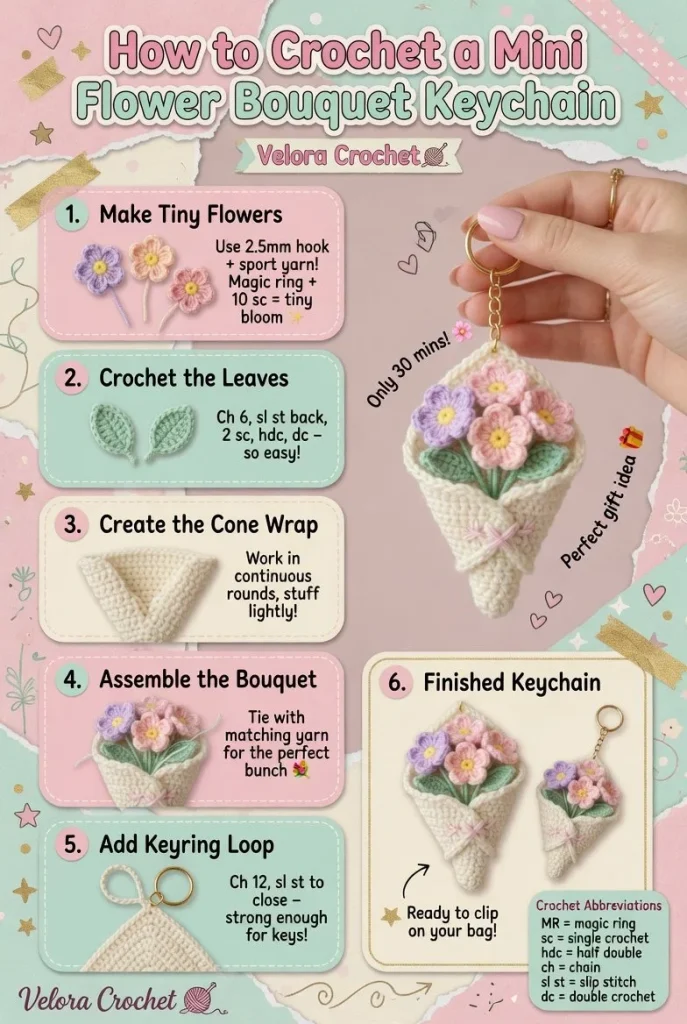 Mini crochet flower bouquet pattern for keychain gifts
