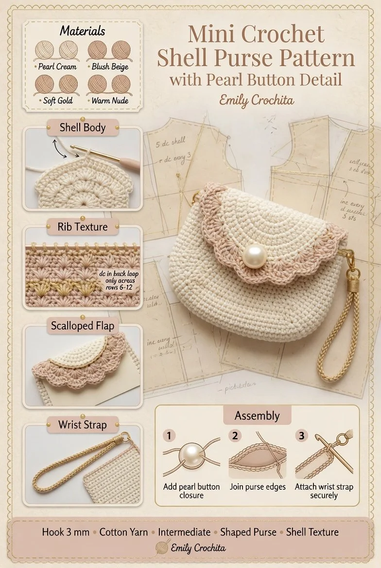Easy crochet mini shell purse pattern featuring a pearl button design