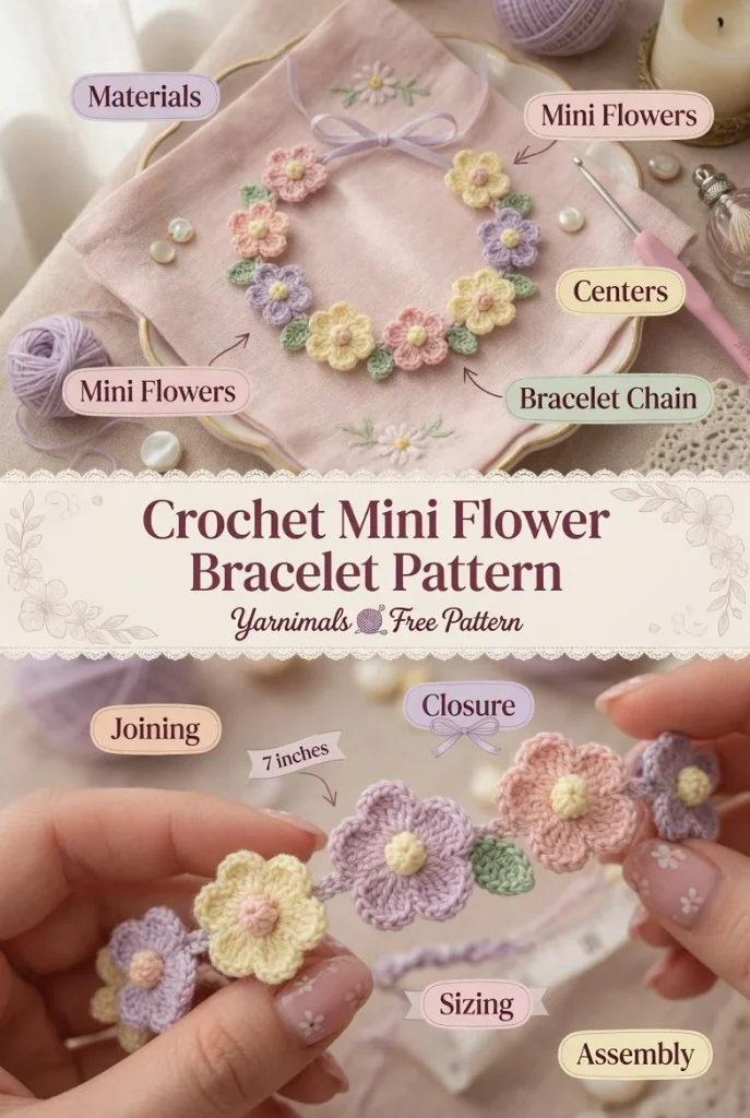 DIY crochet mini flower bracelet for beginners pattern