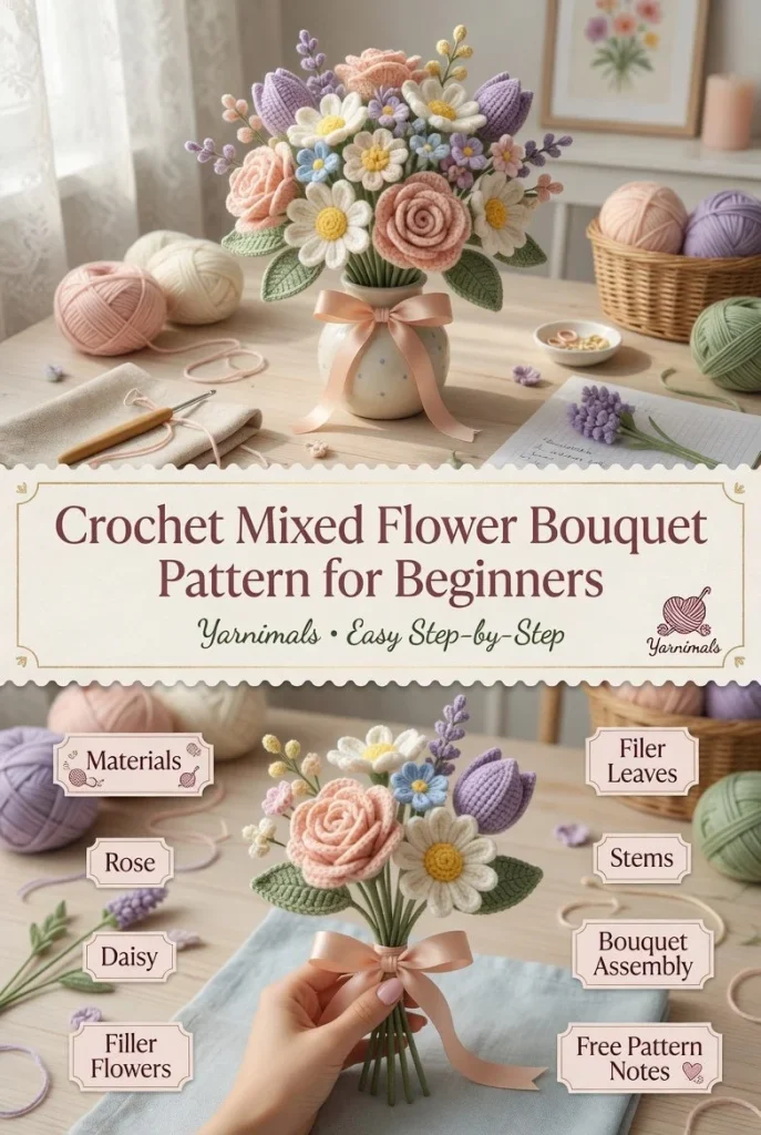Easy crochet mixed flower bouquet pattern for beginners with colorful flowers.