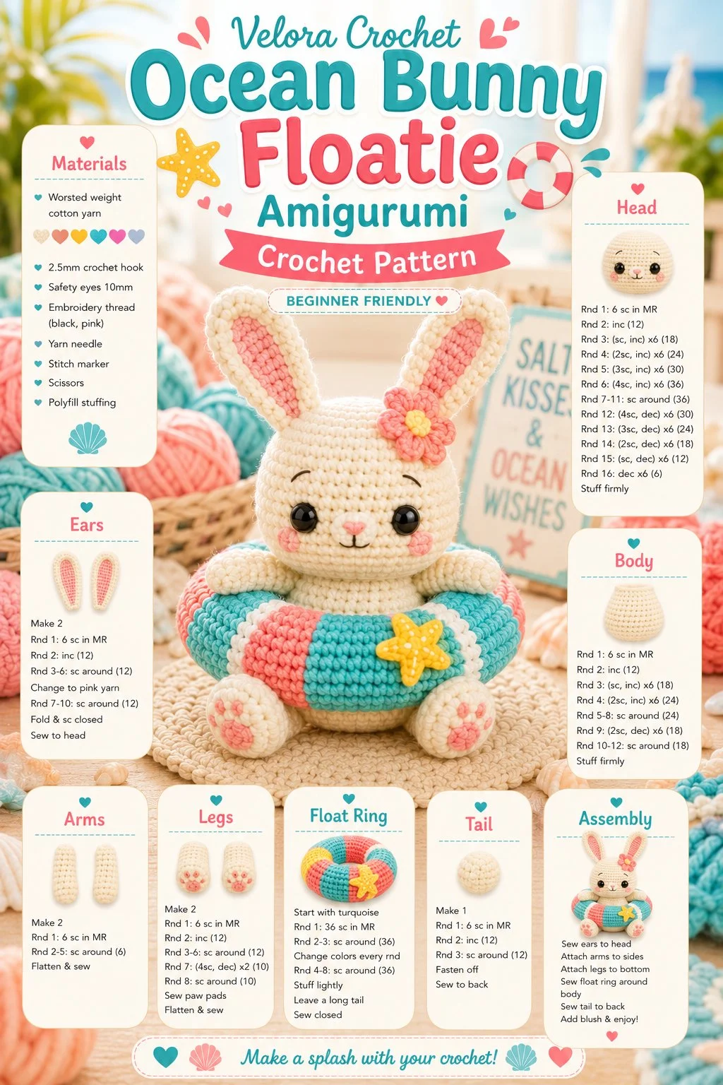Crochet bunny floatie amigurumi pattern for beginners by the ocean