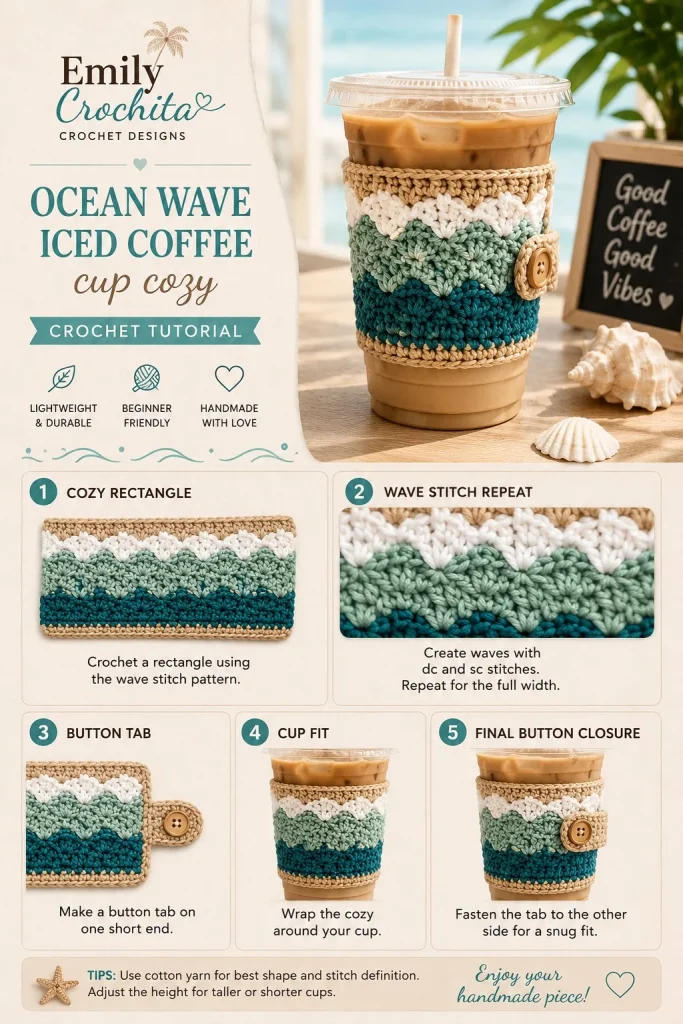 Easy crochet ocean wave cup cozy pattern for iced coffee lovers.