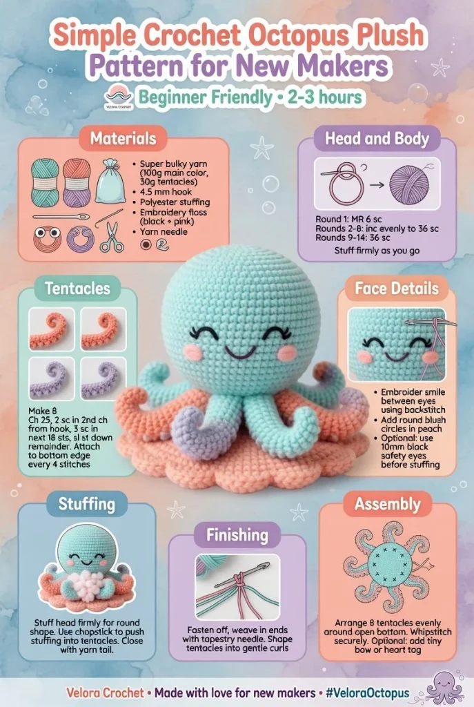 Easy crochet octopus plush pattern for beginners
