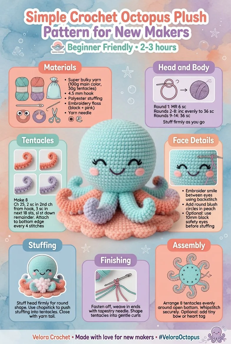 Easy crochet octopus plush pattern for beginners