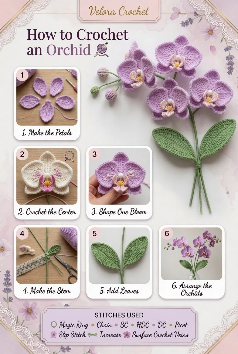 Easy crochet orchid flower pattern for elegant home decor decoration.
