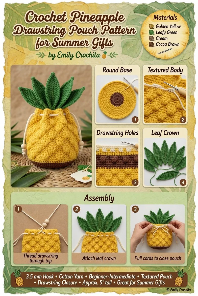 Crochet pineapple drawstring pouch pattern for summer gifts