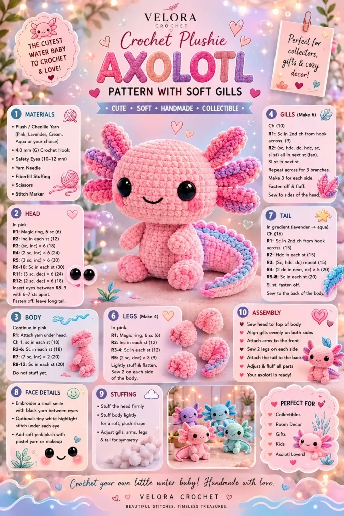 Easy crochet plushie axolotl pattern featuring soft gills