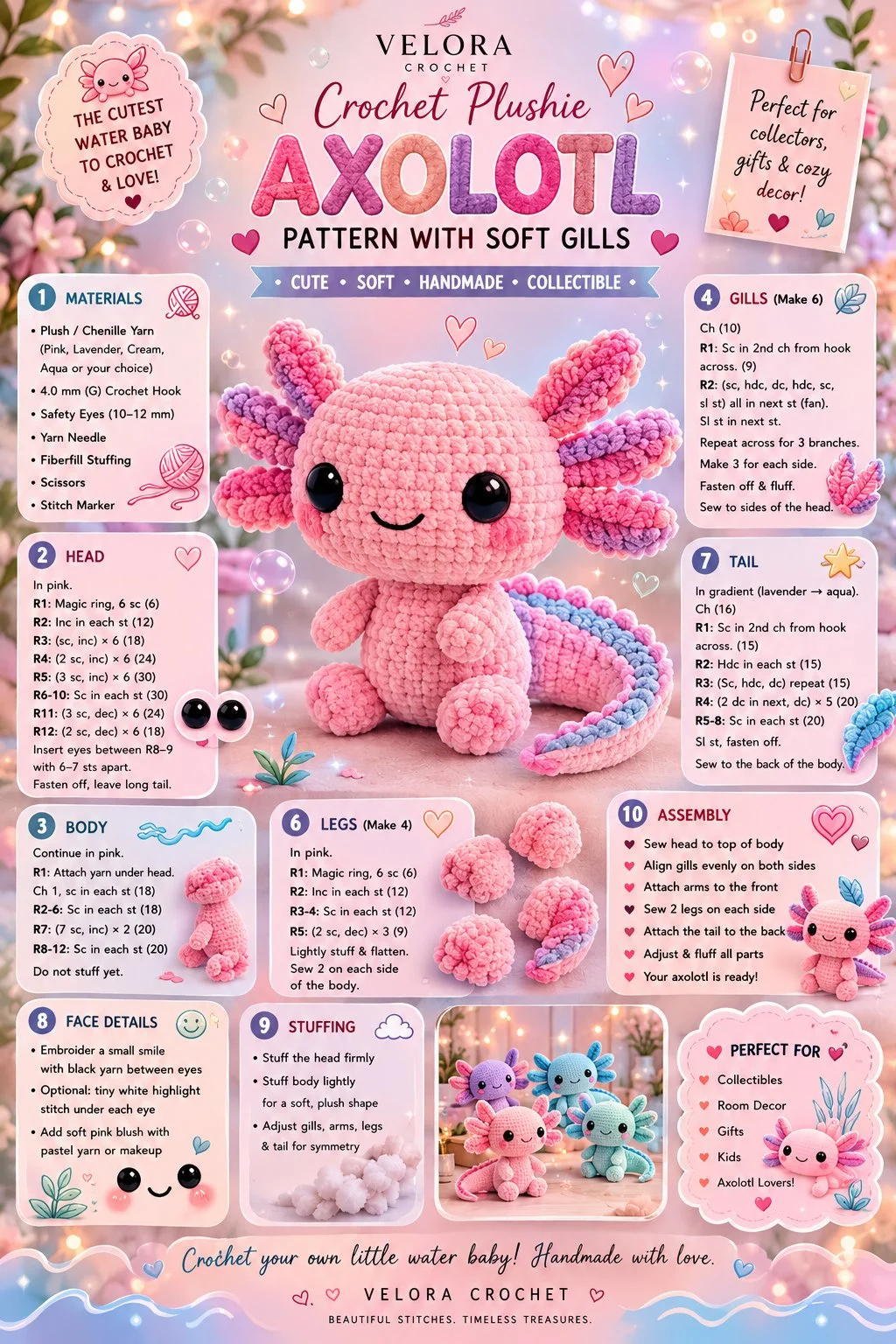 Easy crochet plushie axolotl pattern featuring soft gills